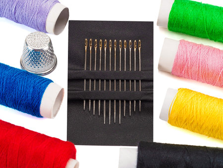 Set of steel sewing needles with golden needles eyes for people with low vision, threads of...