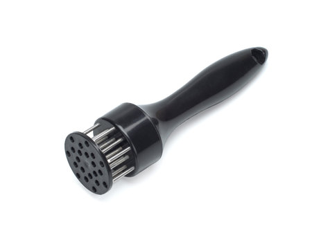A hand-powered meat tenderizer for puncture the meat and cut into the fibers of the muscle on a...