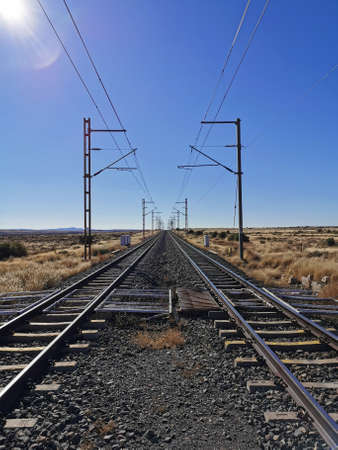 Straight stretch of railroad with blue skies and dry grass.の写真素材