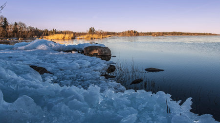 Sunset over rocks and bushes that have formed ice formation after stormy weather in the Baltic Sea
