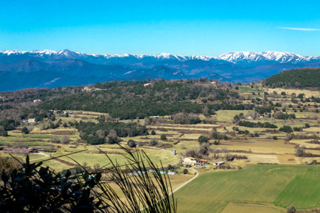 Magnificent rural view with meadows and mountains in the background.の写真素材