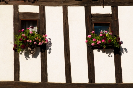 Colorful Flower Arragement on the windows of an Alpine Cabin in Austriaの写真素材