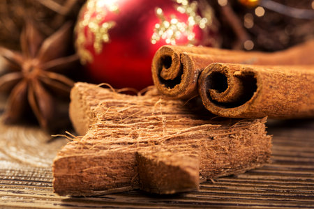 Christmas decoration, close-up, anise, cinnamon, red Christmas ball,