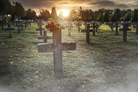 There are plenty of tombstones in the cemeteryの写真素材