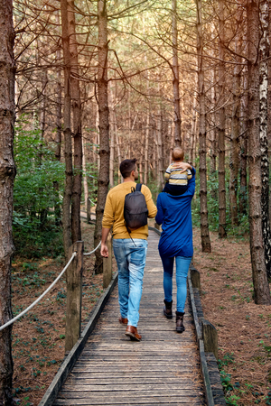A young couple walks in the woods with a little boyの写真素材