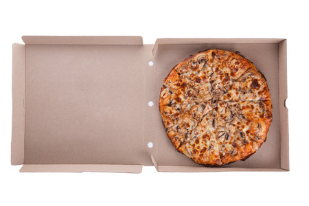 Italian pizza with mushrooms in a box isolated on white backgroundの写真素材