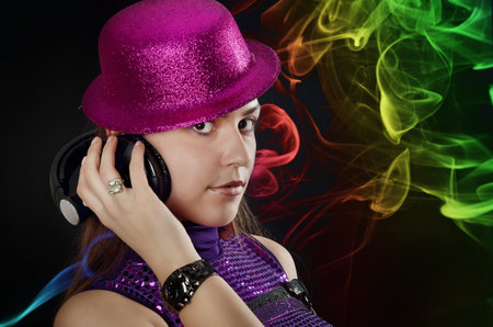Hot girl with pink hat and setphones, disco style