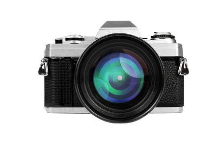Old-fashion retro camera with big lens isolated on white backgroundの写真素材