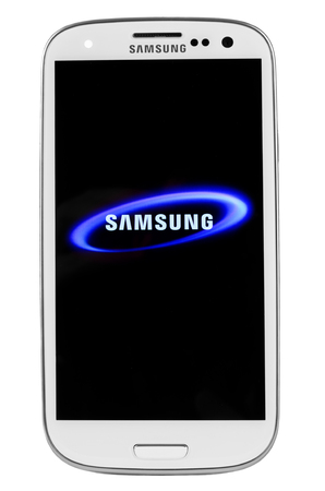 Varna, Bulgaria - Juny 03, 2012: Cell phone model Samsung S3 has Super AMOLED capacitive touchscreen and Android OS, v4.0.4. Announced 2012, May.のeditorial素材