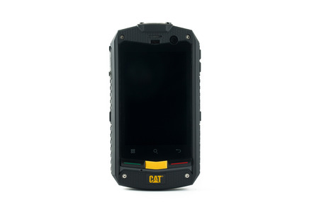 Varna, Bulgaria - March 03, 2013: Cell phone model Cat phone B10 has TFT capacitive touchscreen, 5 MP camera, Qualcomm 800 MHz and Android OS, v2.3.5. The B10 is waterproof, dustproof and is rugged enough to withstand a drop of 1.5M onto a hard surface.のeditorial素材