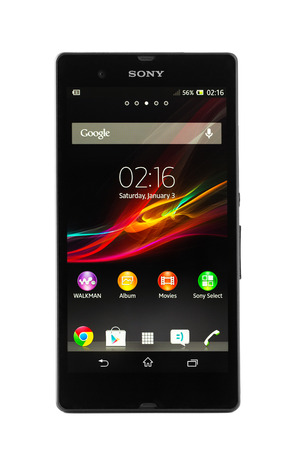 Varna, Bulgaria - March 03, 2013: Cell phone model Sony Xperia Z has TFT capacitive touchscreen, 13.1 MP camera, Quad-core 1.5 GHz and Android OS, v4.1.2. Announced 2013, January.のeditorial素材