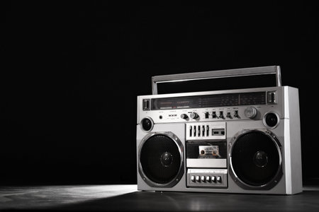 Retro ghetto blaster isolated on black backgroundの写真素材