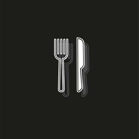 knife and fork icon, cutlery isolated, vector restaurant menu. White flat pictogram on black - simple iconのイラスト素材