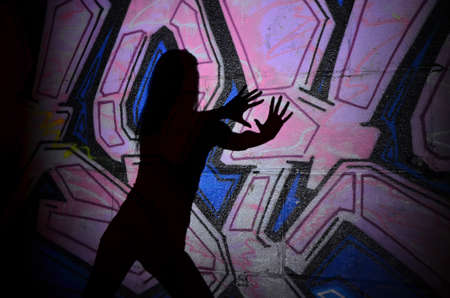 The shadow of the girl on a background of graffitiの写真素材