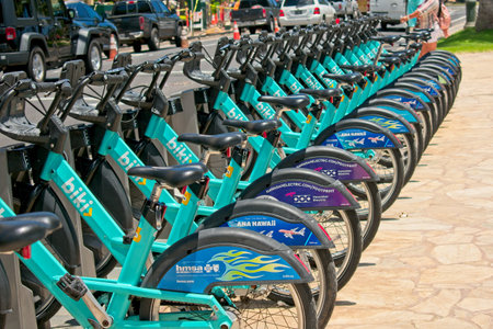 Waikiki, HI, USA - July 16, 2019: Bike rental station on Kalakaua Ave in Waikiki Beachのeditorial素材