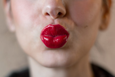 Extreme close up of the face of a woman with bright red lipstick on her lips.の写真素材