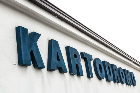 An old sign at the entrance of a circuit for karts.のeditorial素材