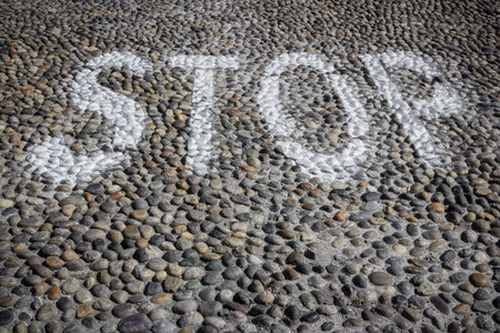 Detail of a paved road with stop sign.