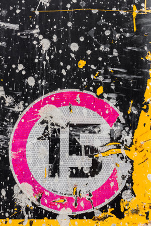 Graphics processing, urban grunge style, of a road sign of speed limit.