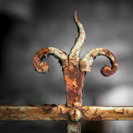 Forging railing to shape flame, vintage detail. Shallow depth of field. Defocused blurry background.の写真素材