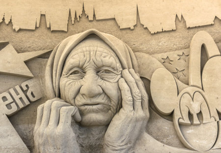 Jesolo, Italy, July 19 2016: sand sculptures exhibition in Jesolo (VE) ITALY. Theme of the show: the European capitals.のeditorial素材