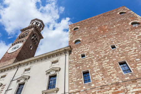 Verona, Northern Italy. Lamberti Tower (Torre dei Lamberti). Popular touristic european destination. Verona city view.の写真素材
