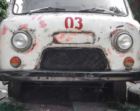 Masha and the Bear ambulance. Reproduction of the vehicle of the original animated series. Bergamo, ITALY - August 28, 2017.の写真素材