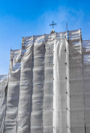 Scaffold construction to renovate church tower buildingの写真素材
