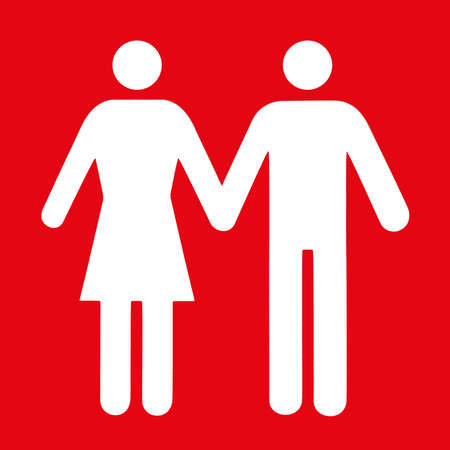Couple and single icon flat on red background. Conceptual representation of love.の写真素材