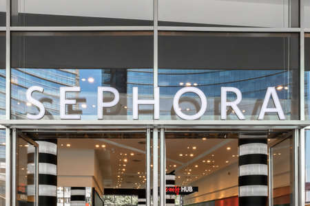 Entrance to Sephora store in Piazza Gae Aulenti square in Milan, ITALY - June 2, 2019.のeditorial素材