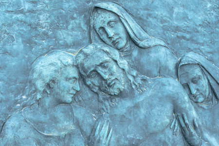 Beautiful light blue low relief depicting Jesus Christ and his death.の写真素材
