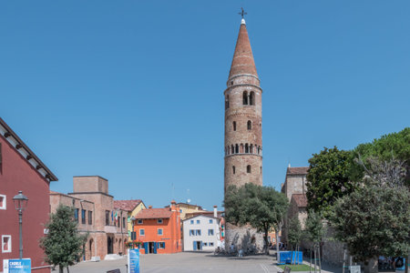 View of Vescovado Square and cathedral bell tower. Caorle (VE), ITALY - July 29, 2021.のeditorial素材