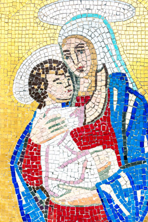 Colorful mosaic representing Mary with the baby Jesus.の写真素材