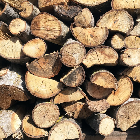Firewood background. Abstract photo of a stack of natural wooden logs. It can be used as texture,...