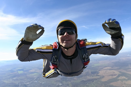 Student skydiver in freefall 