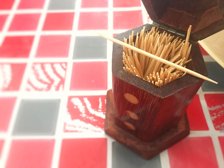the wooden  toothpick in wooden boxの写真素材