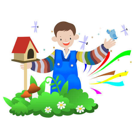 Boy playing in the grassのイラスト素材