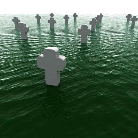 cemetery white crosses flooded green waterの写真素材