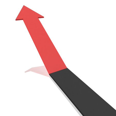 curved arrow is half black and half red pointing upwards. 3d computer modeling