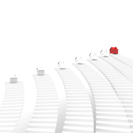 number of houses on top of the steps, one of which is red. computer Simulationの写真素材