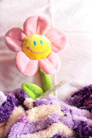 Toy is in the flower bed on a pillow covered with a blanket and a thermometerの写真素材
