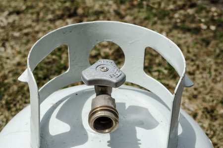 Angled overhead close-up of the top of a white propane tank and brass valve with grass in the...