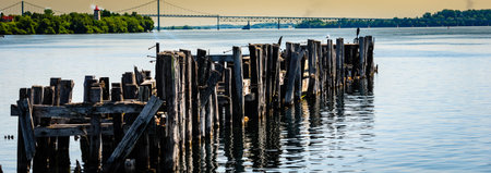 Antique Pilings from an old port with an 1800's lighthouse and International bridge across the St. Lawrence Riverの写真素材