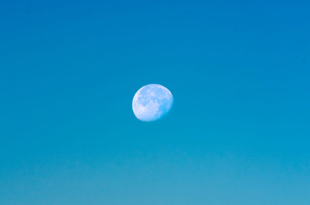 Detailed full moon centered in a clear blue evening sky