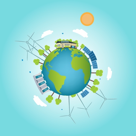 House with solar botaris on the globe with windmills and hydro. concept of clean energyのイラスト素材