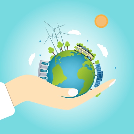 house with solar botaris on the globe with windmills and hydro. concept of clean energy. Vector illustration of ecology the concept of infographics modern design on the handの写真素材