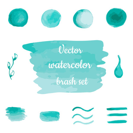 Set of watercolor hand drawn brush strokes in blue colors on white background in vector. Abstract stains and blobs collection for buttons, banners and backgrounds.のイラスト素材