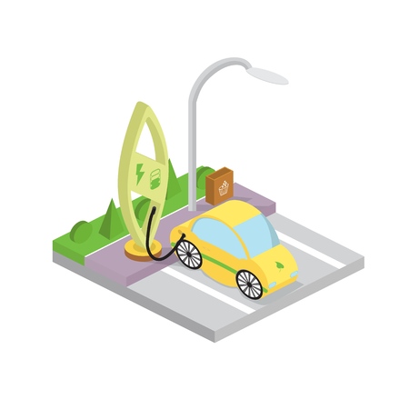 Electric car charging station. Plug-in vehicle getting energy from battery supply.のイラスト素材