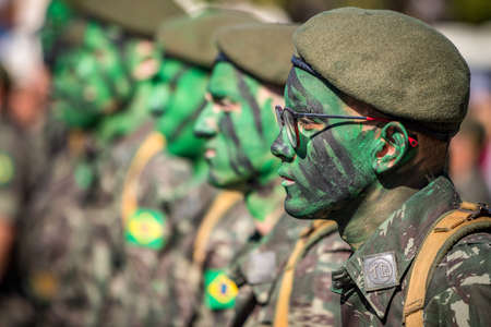 AraÃ§atuba, State of SÃ£o Paulo, Brazil, September 2019 - Brazilian soldiers in patriotic manifestation - cult of the colors of the Brazilian flag - Brazilian independence, green and yellow.のeditorial素材