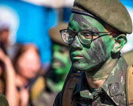AraÃ§atuba, State of SÃ£o Paulo, Brazil, September 2019 - Brazilian soldiers in patriotic manifestation - cult of the colors of the Brazilian flag - Brazilian independence, green and yellow.のeditorial素材